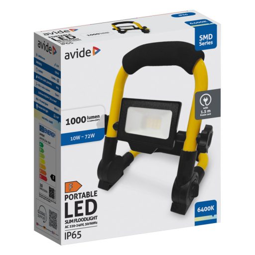 Hordozható reflektor   10w. AVIDE 230V  - Hálózati SMD LED - ALUMÍNIUM SLIM, ARFSFLCW (1000 lumen) IP65