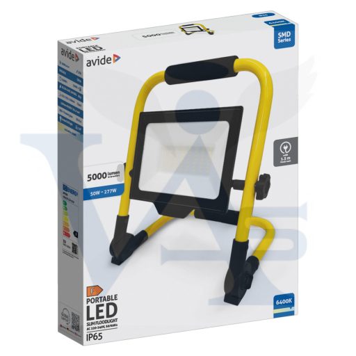 Hordozható reflektor   50w. AVIDE 230V  - Hálózati SMD LED - ALUMÍNIUM SLIM, ABLRSFLCW (1000 lumen) IP65