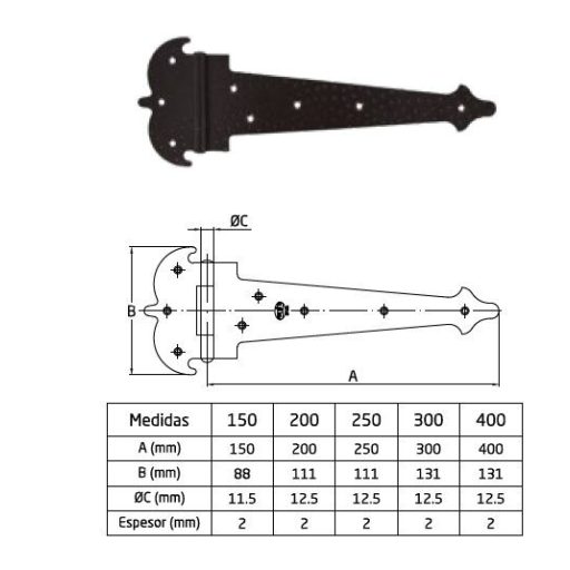 Hosszúpánt 250mm Díszes FESTETT FEKETE csuklós-kapupánt N°6419 - AMIG Mod.554 (200x111x2,0mm)