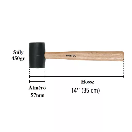PRETUL gumi kalapács 50mm 450gr MH-16P (fekete, lakkozott FA-nyél)
