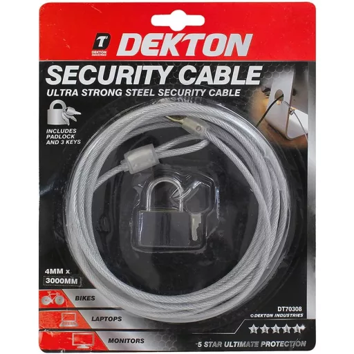 Lakat 30mm biztonsági ultra erős fülecselt drótkötéllel 4mmx300mm DEKTON (bicikli, laptop, monitor)