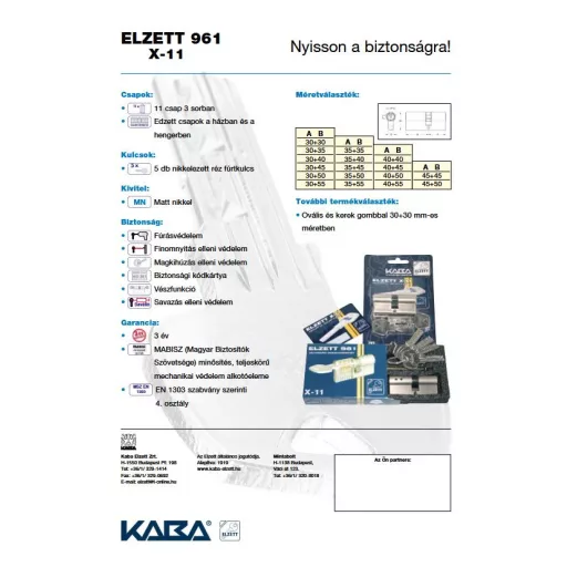 Aszimm. cill.zárb. 5-kulcs X-11 30x55  - KABA ELZETT N°961 LAPONMART