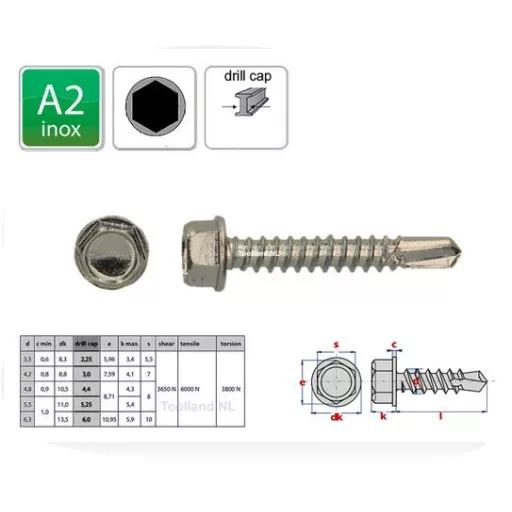 Lemezcsavar-A2-ÖNFÚRÓ-HLF 6,3x 22,0 DIN7504/K - Hatlap-fejű INOX ROZSDAMENTES