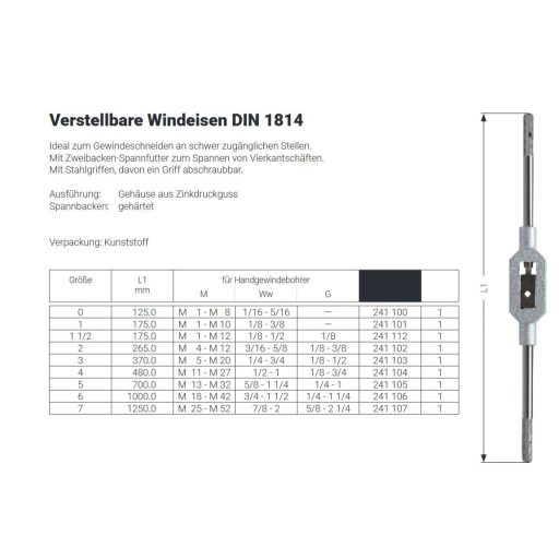 RUKO menetfúró-Hajtókar III.sz. M  5-M20mm DIN1814 - Cink-présöntvény