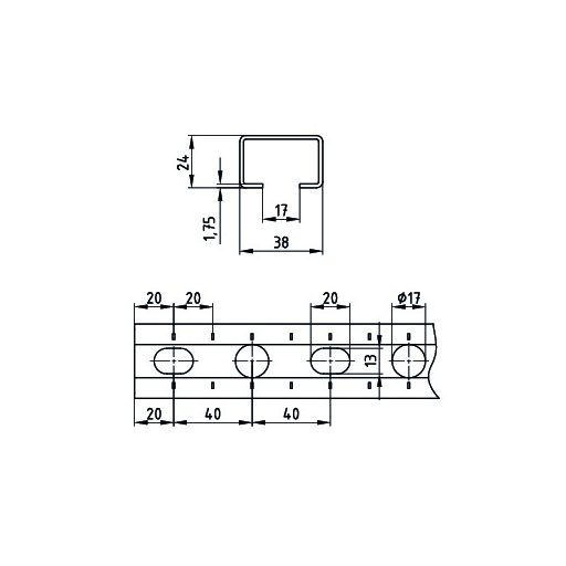 MÜPRO rendszersín 38/24/2000mm MPC - horg.(Zn) perforált (2,43kg/szál) VTSZ:72166110