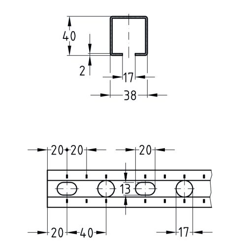 MÜPRO rendszersín 38/40/2000mm MPC - horg.(Zn) perforált (8,66kg/szál)