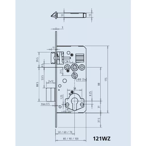 Bevésőzár N°50/90-C - DORMAKABA (GEGE) Cilinderes (121/WZ, Műanyag nyelv)