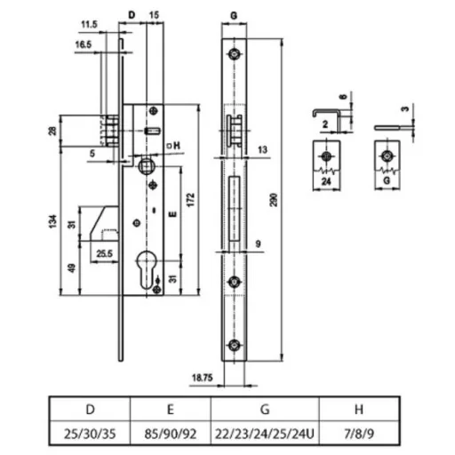 Portálzár 40-[] Billenőnyelves 25/85/290/24/8  40mm - EURO ELZETT (kilincses)