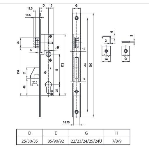 Portálzár 40-[] Kampós 25/85/24  40mm - EURO ELZETT VEKTOR (kilincs nélküli!)