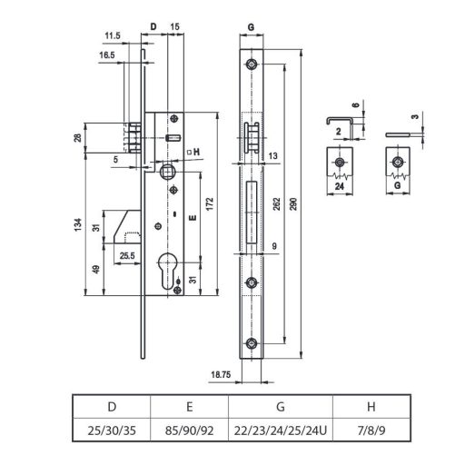 Portálzár 40-[] Kampós 25/85/290/24/8mm - EURO ELZETT VEKTOR (kilincses)