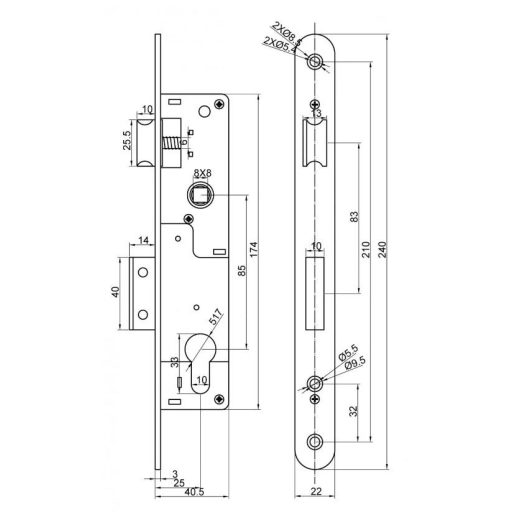 Portálzár 40-[] Nyelves 1231 Garnitúra FEKETE 40mm - ANBO (komplett garnitúra zárbetéttel!)