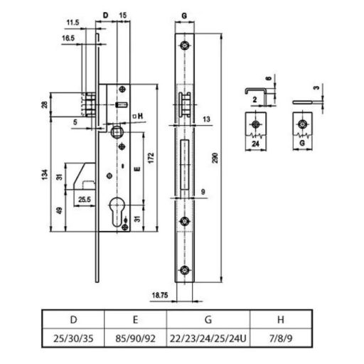 Portálzár 50-[] Kampós 35/90/290/24/8mm - EURO ELZETT VEKTOR (kilincses)