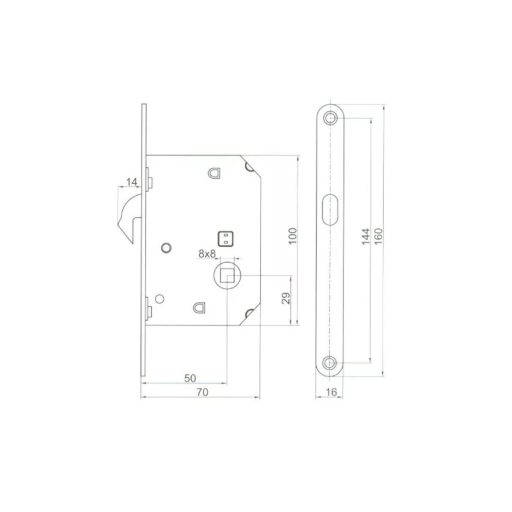 Bevésőzár kampós TOLÓKAPU ANBO 100/50mm  - K48 Csapdás + GOMB készlet SZATÉN NIKKEL