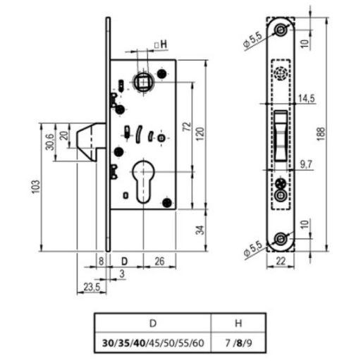 Bevésőzár kampós TOLÓKAPU ELZETT 35/72/8mm  - Csapdás