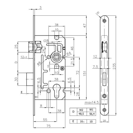 Bevésőzár N°110/L55/72-C BALOS - IPARI Cilinder betétes