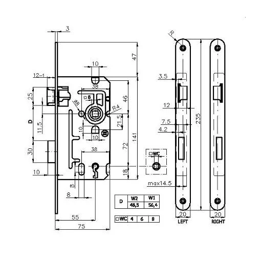 Bevésőzár N°110/L55/72-C JOBBOS - IPARI Toalett (wc)