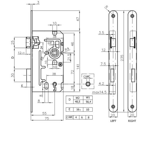 Bevésőzár N°110/L55/72-K BALOS - IPARI Kulcsos 
