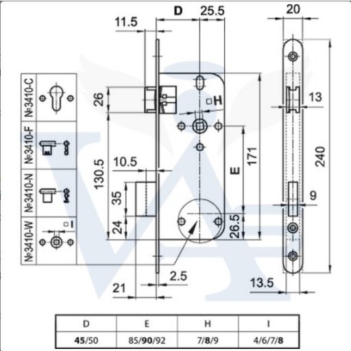 Bevésőzár N°3410-C 45/90 Sárga Doboz DOSE - EURO ELZETT Cillinder betét nélkül!