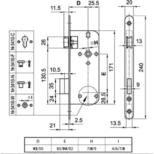 Bevésőzár N°3410-F 45/90 Sárga Doboz DOSE - EURO ELZETT Fogazott kulcs (2db!), Kerek Előlap!