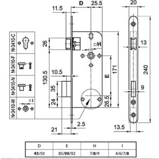 Bevésőzár N°3411-F 45/90 DOSE - EURO ELZETT SKIN PACK