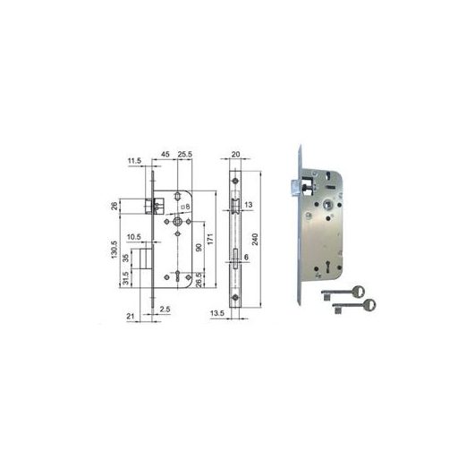 Bevésőzár N°3411-F 45/90 Sárga Doboz DOSE - EURO ELZETT Fogazott kulcs (2-kulcs) Akciós !