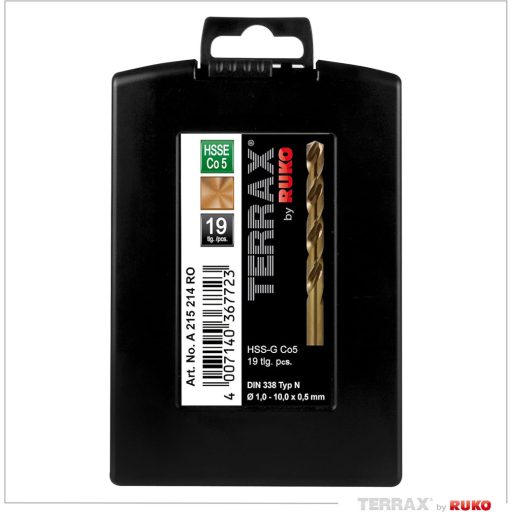 RUKO rh fémfúró klt. 1,0-10,0mm -19 rész - HssE Co-0,5% TERRAX DIN388N (ABS műanyagdobozos)
