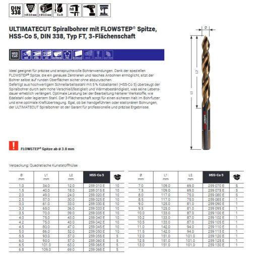 RUKO rh-UCFL-5%   3,5 fémfúró HssE  - ULTIMATECUT FLOWSTEP HssE Cobalt-5% (DIN338, 130°, elfordulásmentes)