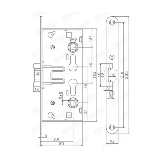 Bevésőzár tűzgátló 65/72/9mm ANBO  - N°1739  kilincs + 2-ciilinderes