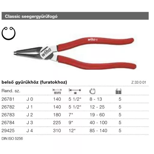 Seeger fogó 140mm Belső-Egyenes WIHA Classic Z33001/N°26782 , 12~  25mm Seegerhez