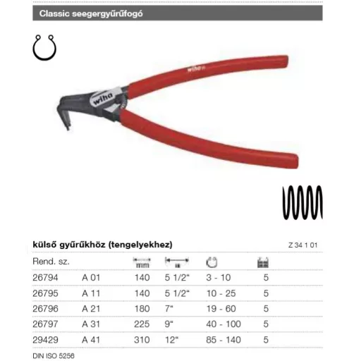 Seeger fogó 180mm Külső-Hajlított WIHA Classic Z34101/N°26796 , 19~  60mm Seegerhez