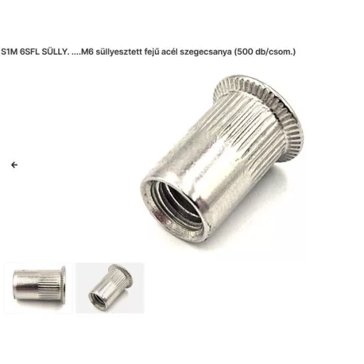Szegecs anya Kerek-Süllyesztett-Peremes-ACÉL M  6 (6x15/  9mm) Bordázott!