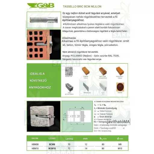 Tipli műanyag 12x  70 G&B BRICK NYLON - BCM  8 Nagyteljesítményű univerzális dűbel (metrikus csavarokhoz)