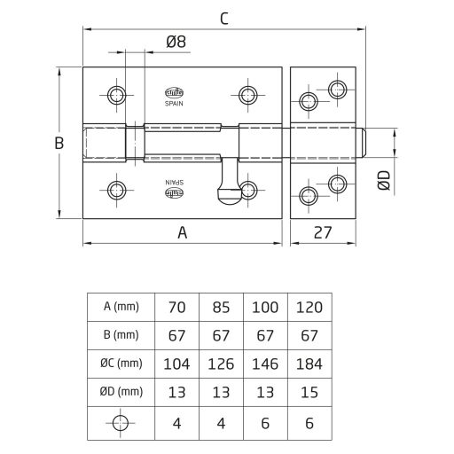 Tolózár 100mm BAJONETT Lakatolható SPANYOL N°844  /100x  64mm AMIG Mod.454 SÁRGARÉZ bevonat