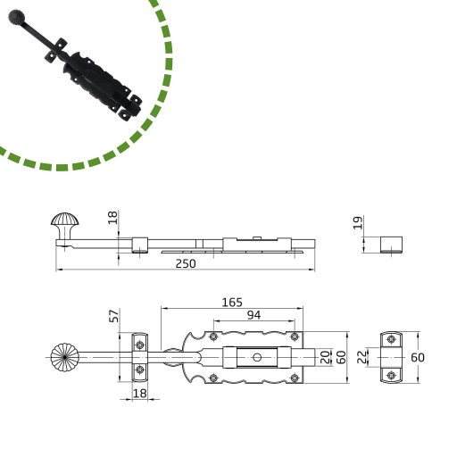 Tolózár 250mm BAJONETT Díszes SPANYOL N°6103  /250x  60mm AMIG Mod.410 Fekete