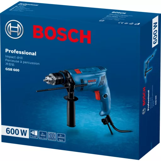 BOSCH hálózati Ütvefúrógép GSB-600 - 600W, Tokmánykulcs, mélységütköző (48.000 ütés/perc)