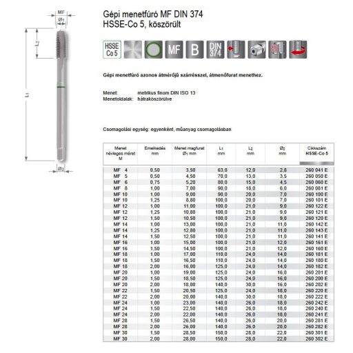 RUKO menetfúró GÉPI FINOM EH M-20,0x1,50 HssE-Co5 -  DIN376B EGYENES HORNYÚ, Cobalt 5% (DIN376-Form-B)
