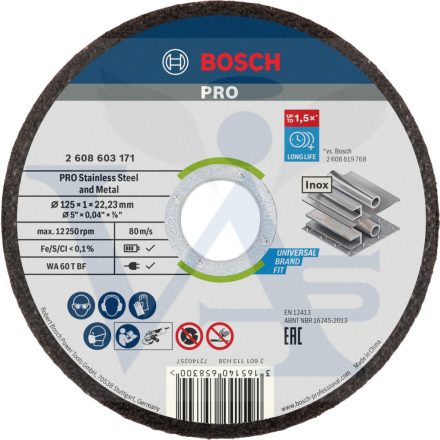 BOSCH vágókorong 125x1,00mm - Standard for INOX Rapido, ACÉL +30%-al hosszabb élettartam (W60 T BF) AKCIÓ!