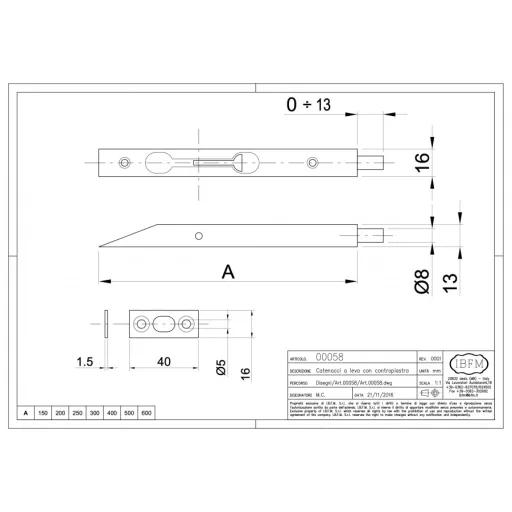 Ajtótolózár biztonsági 2/2 300mm  - Kétszárnyú atóhoz IBFM N°058300