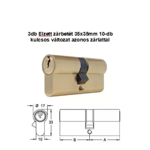 Cilinder zárbetét azonos zárlat N°751 35x35/10k  - KABA ELZETT szimmetrikus FOGAZOTT kulcsos (  3db betét + 10db kulcs!)