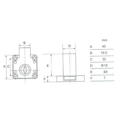 Bútorzár rászegző Cilinderes 22mm 138-22 - ANBO, rezezett (műanyag kulcsfej)