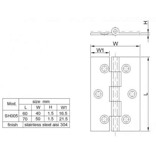 Csuklóspánt-A2 ANBO /  60mm INOX -   60x  40x1,5mm SH1002