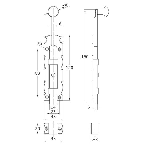 Tolózár 150mm BAJONETT Díszes SPANYOL N°6108  /150x  35mm AMIG Mod.411 Fekete
