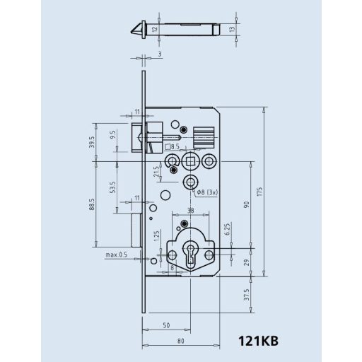Bevésőzár N°50/90-K - DORMAKABA (GEGE) Kulcsos (121/KB)